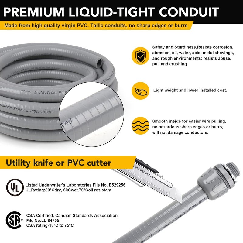 Elecoman 3/4inch 50ft Liquid-Tight Conduit and Connector Kit,Flexible Non-Metallic Liquid Tight Electrical Conduit Kit with 5 Straight and 3 90-Degree Connector Fittings,3/4 in. Dia - Image 3